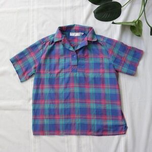 Mervyn's blue, pink, and purple plaid collared blouse